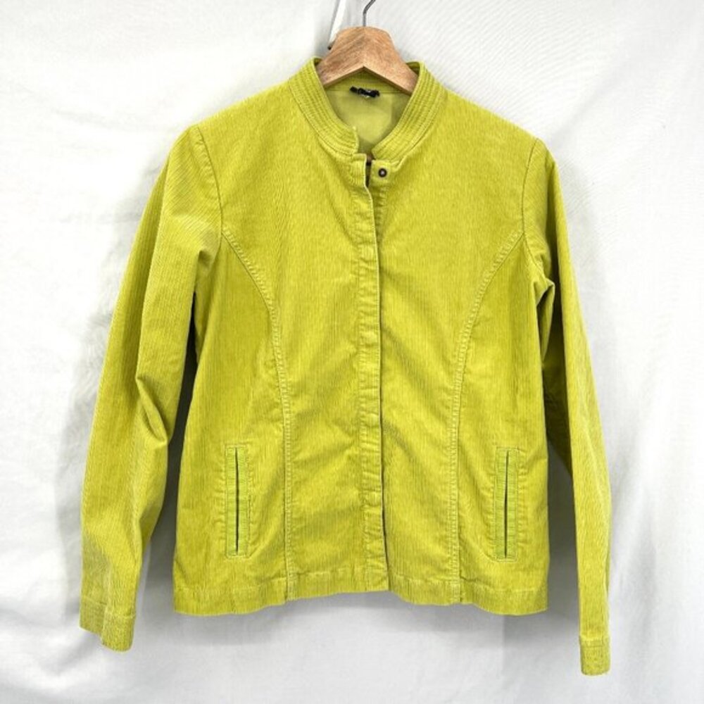 Eileen Fisher neon lime green collarless corduroy shirt jacket snap‎ front XS